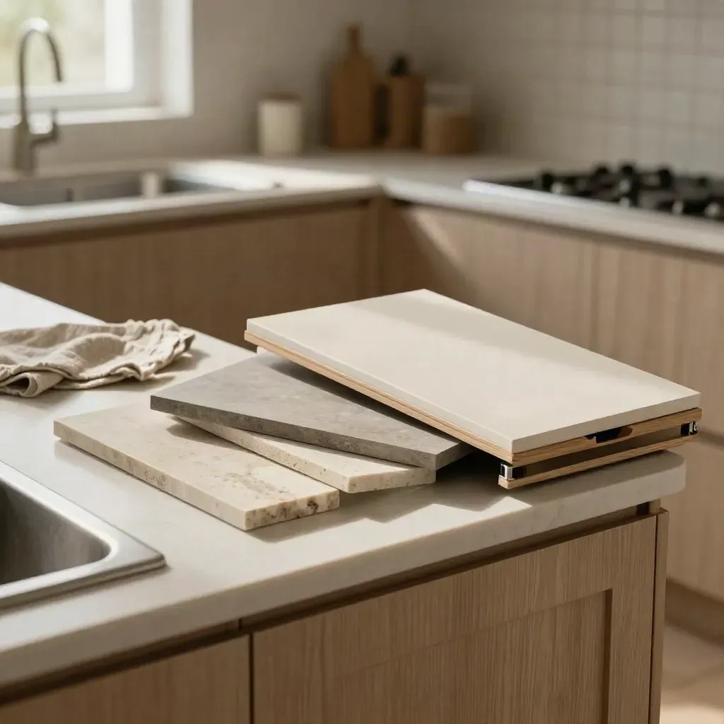 Cocina urbana con muestras de frentes, chips de piedra y una puerta de armario abierta sobre la encimera.