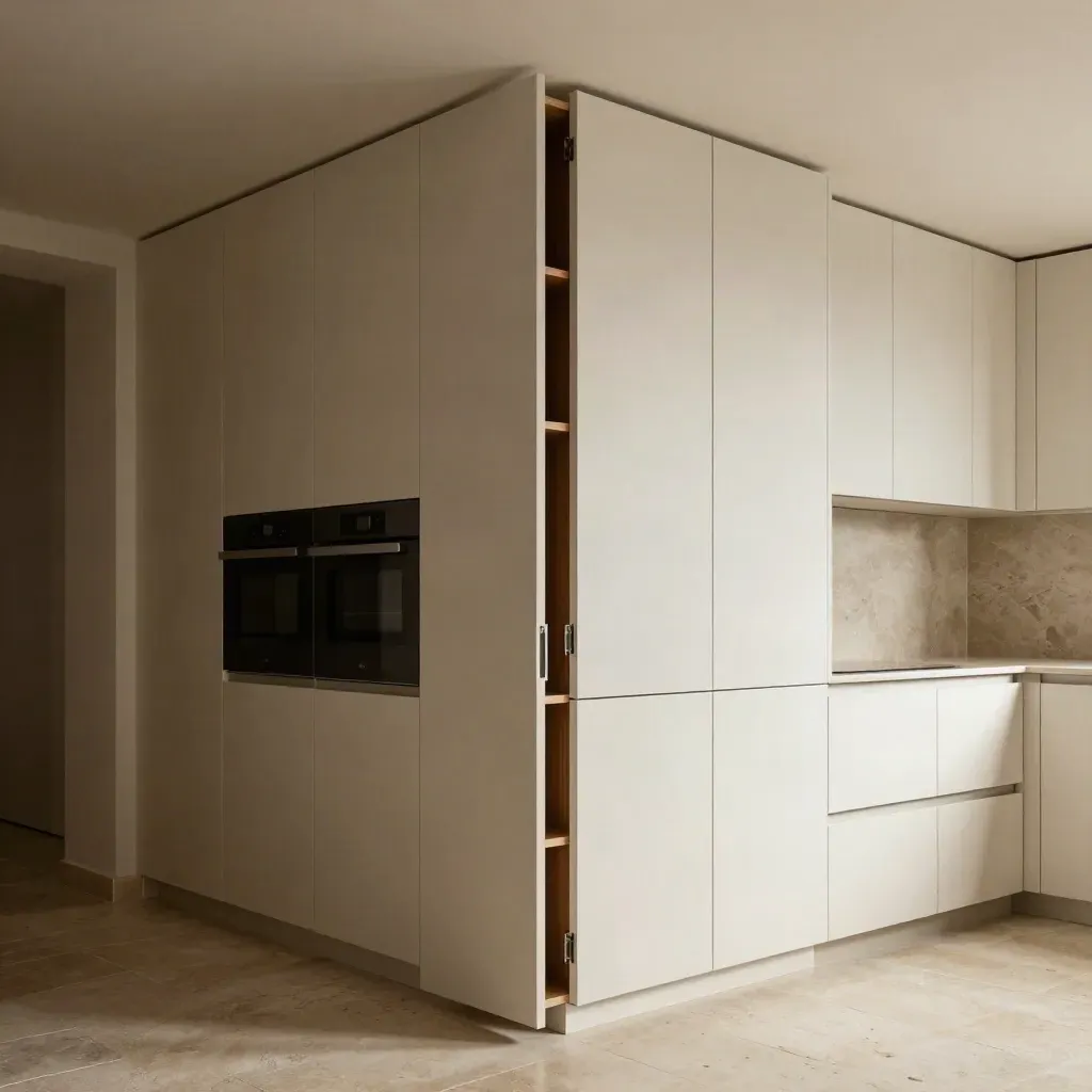 Cocina estrecha con muebles altos hasta el techo y una puerta de armario cerrándose.