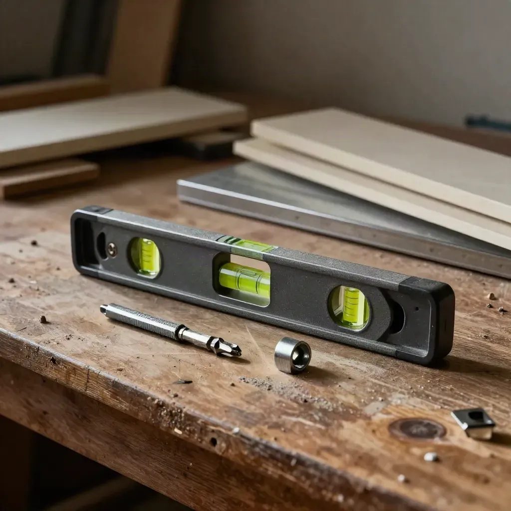 Nivel de burbuja, punta de atornillador y anclaje sobre banco de obra en una cocina en montaje.