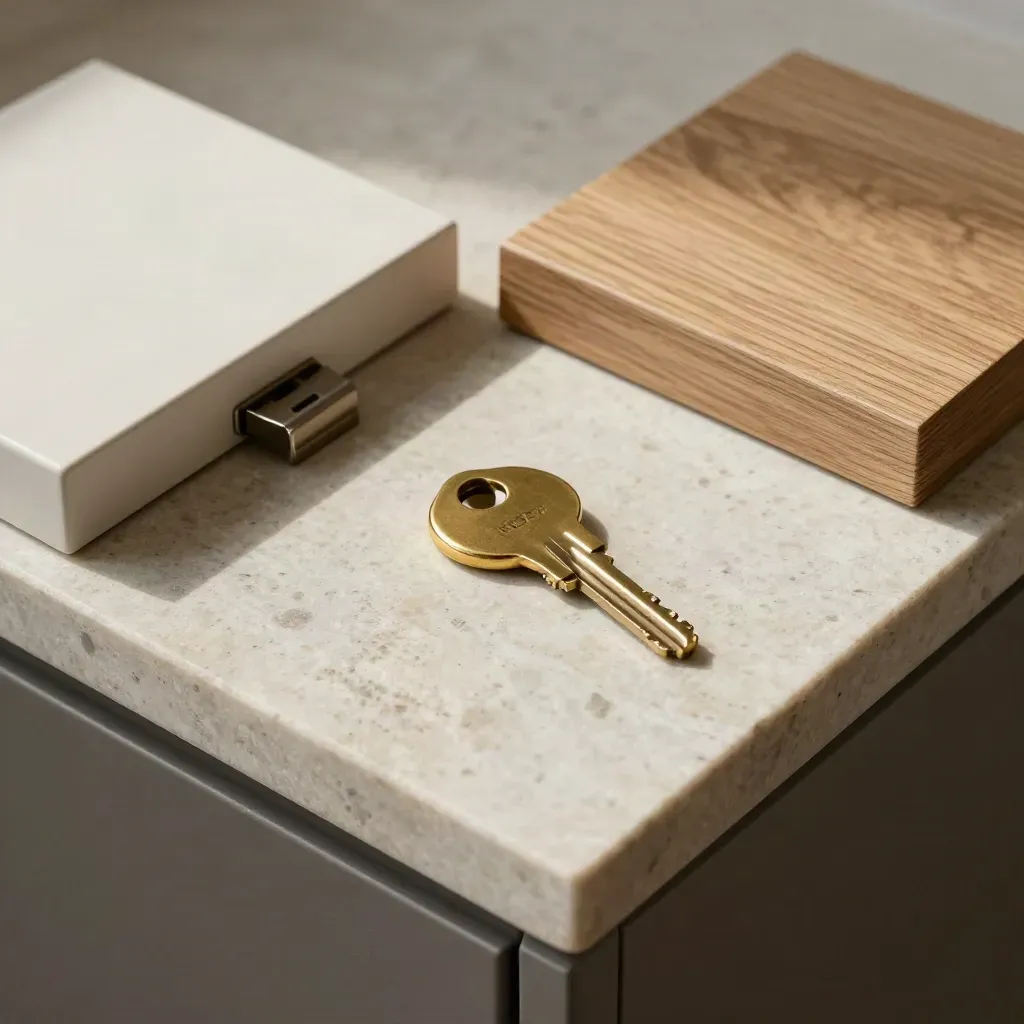 Muestras de cocina, herraje y llave sobre piedra clara en composición cenital.