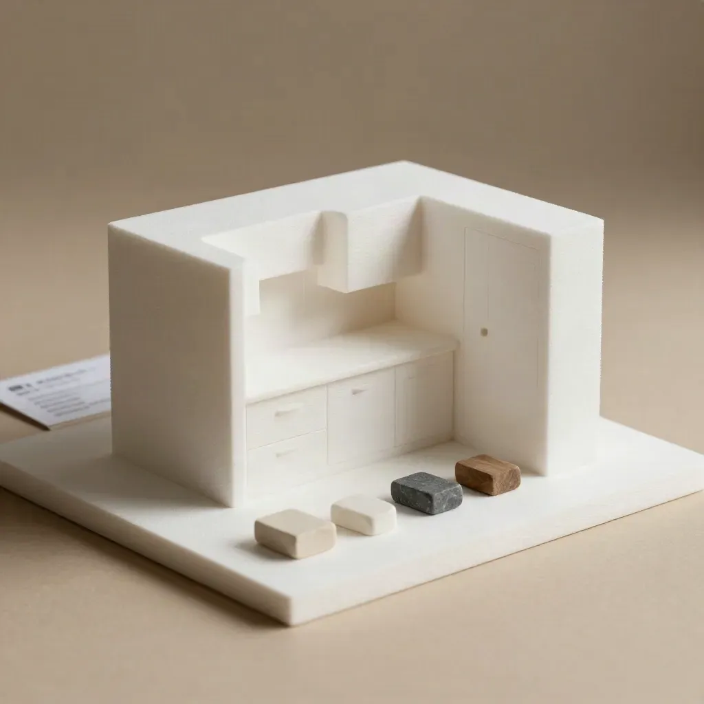 Maqueta modular de cocina con muestras de materiales sobre fondo claro.