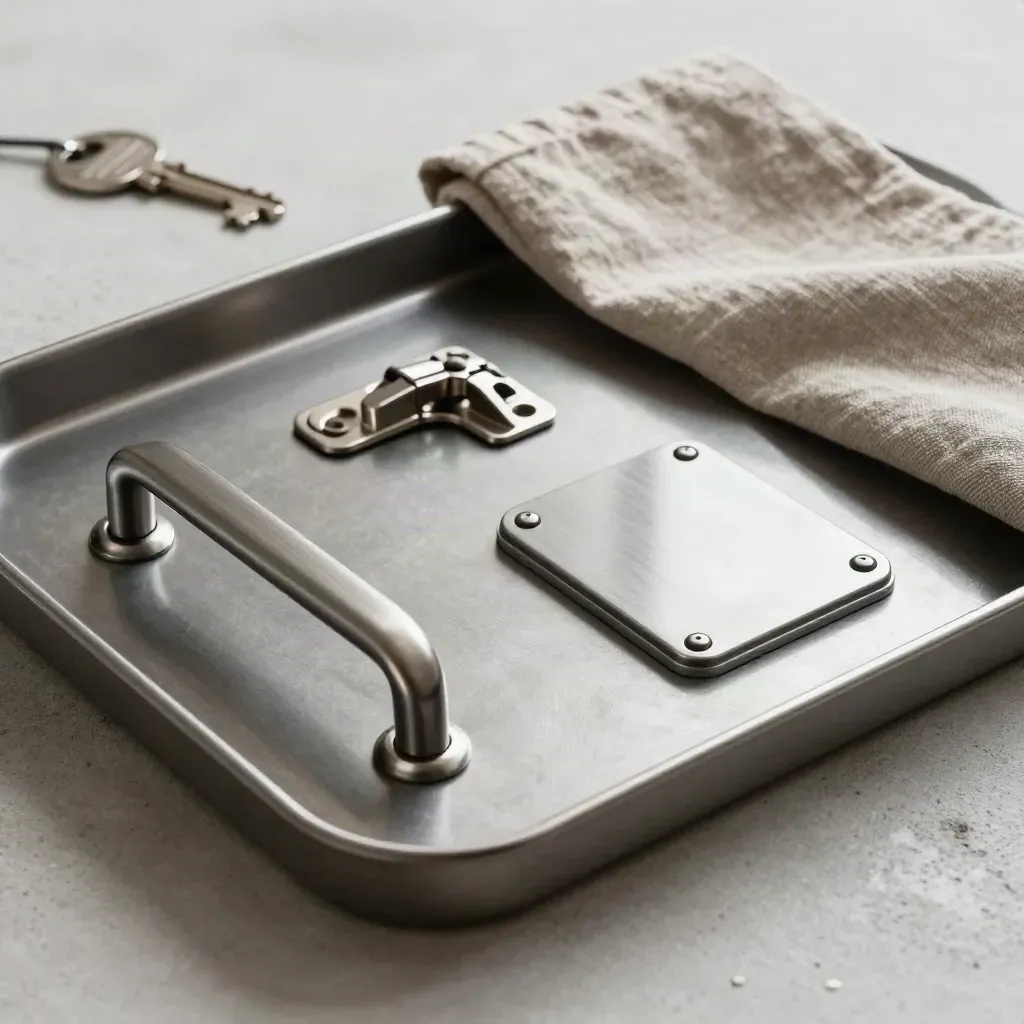 Herraje de cocina montado, bisagra, tapa y junta de silicona sobre bandeja metálica gris.