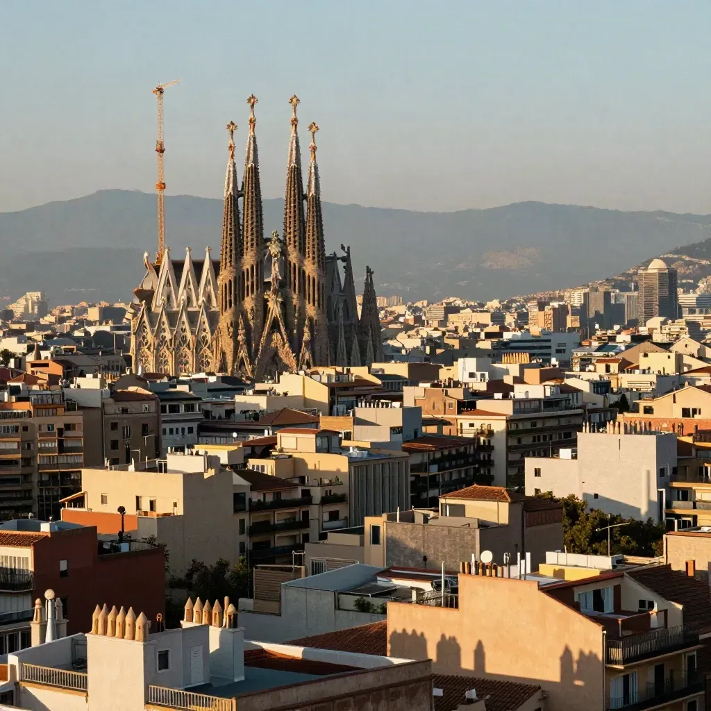 Barcelona al atardecer con la Sagrada Família y tejados cálidos sobre una ciudad en bruma.